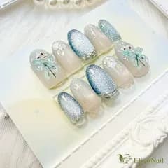 【現品】ネイルチップ　花柄　水色　押し花