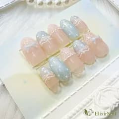 【現品】ネイルチップ　レースネイル　ベージュ　水色