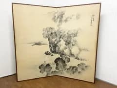 ◆中国美術 水墨画 衝立 二曲屏風仕立て 山水画 ついたて インテリア 間仕切り 古美術 和風 作者不明 幅189cm 高さ172cm (貝1616)