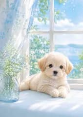 窓辺の子犬 ヒーリングアート インテリアポスター 癒し系 犬アート ナチュラル ブルー