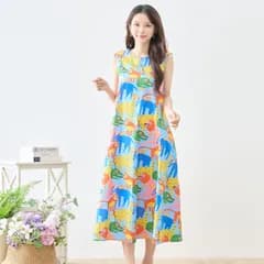 【新入荷】【新品】【送料無料】TRUBE カラフルポップアニマル総柄ノースリーブロングワンピース【M~L】ブルー