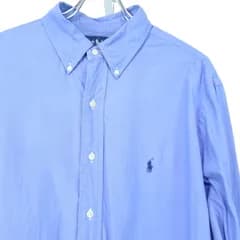 【美品】 ラルフローレン Ralph Lauren クラシックフィット ボタンダウン シャツ メンズ XXL 相当 青 ブルー ネイビー 刺繍ロゴ 長袖 古着 ワンポイント ビッグサイズ ゆるだぼ カジュアル 爽やか 清潔感