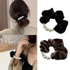 秋冬 大人 シンプル 韓国風 上品 レディース 結婚式 ヘアアクセサリー 2次会 2枚セット 卒業式 パール 入学式 ベロア 入園式 シュシュ ブラック ヘアゴム コーヒー