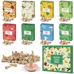 【人気商品】香りコーンギフトセット バニラミント&ミント ココナツ＆ミント 香りホルダー付き 冬の日 アロマお香り 森 ミカン＆ミント お香りコーン詰め合わせ リンゴ＆シナモン 松の木 お香コーン アップり ８種 FIRIK 各15個入