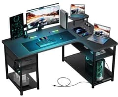 【特価商品】GTPLAYER ゲーミングデスク パソコンデスク L字 カーボン調 コンセント付き 引き出し ラック付き モニターアーム対応 棚高さ調節可能 ゲームデスク 小型モニター台 配線穴 右棚 DL004 Black 幅120cm ジーティーレーシング 