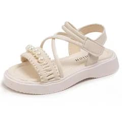 【新品】 DADAWEN(ダダウン) サンダル 女の子 パール付きストラップ マジックテープ 子供用 夏サンダル 通学 お出かけ ベージュ 18cm