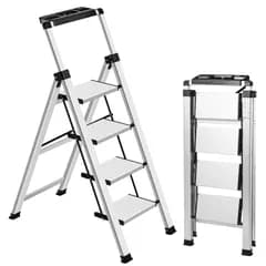 特価商品　トレー付き 耐荷重150KG はしご 洗車 コンパクト 軽量 室内 ふみだい 引っ越し アルミ 折りたたみ 大掃除 踏み台 おしゃれ (シルバー 4段 脚立 4段) XinSunho