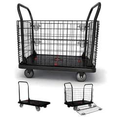 特価商品　(90cmx60cmx82cm 飲食店や図書館などに適応 ショッピングモール用 倉庫や物流センター用 簡単組み立て ブラック) 静音設計 耐荷重300kg 運搬車 金網付き カゴ台車