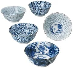 西海陶器 多用 鉢 藍 絵変り 化粧箱入 日本製 直径 15.5 cm 5個 セット 31303