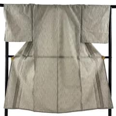 【美品】 男着物 身丈142cm 裄丈69cm M 薄物 夏紬 洗える着物 縦縞 灰緑 綿 秀品 【中古】