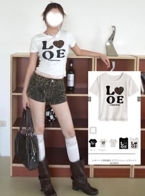レオパード柄刺繍ロゴプリントレースTシャツ