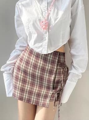 チェック柄ラップデザインリボンショートパンツ