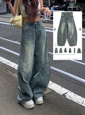 ダメージバレルレッグデニムパンツ