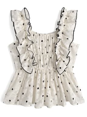 ドット柄シアーフラワーフリルノースリーブブラウス