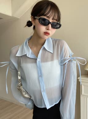 楊柳シフォンショルダーオープンリボンシアーシャツ