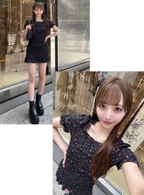 小花柄シャーリング半袖ミニワンピース