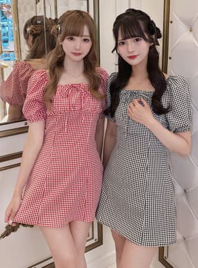2Wayギンガムチェック柄パフスリーブミニワンピース