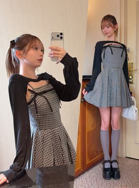 チェック柄リボンプリーツキャミソールワンピース×ボレロアンサンブル
