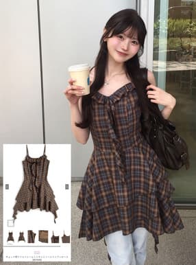 チェック柄フリルイレヘムミニキャミソールミニワンピース