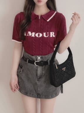 ハーフジップケーブル編みロゴニットトップス