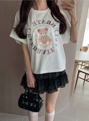 くまプリントサークルロゴ刺繍Tシャツ