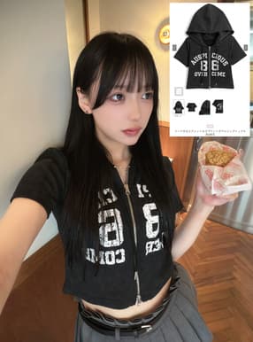 フード付きピグメントロゴプリントダブルジップトップス