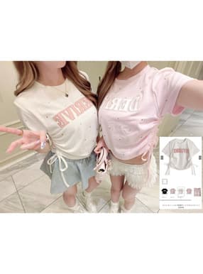 ラインストーンロゴ刺繍サイドドロストTシャツ
