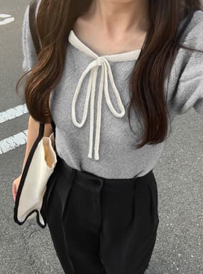 リボンパフスリーブニットトップス