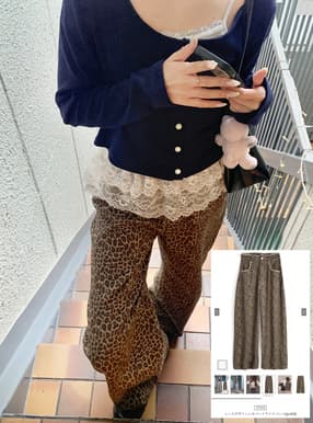 レースデザインレオパードワイドパンツ