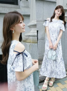 花柄ショルダーオープンリボンワンピース