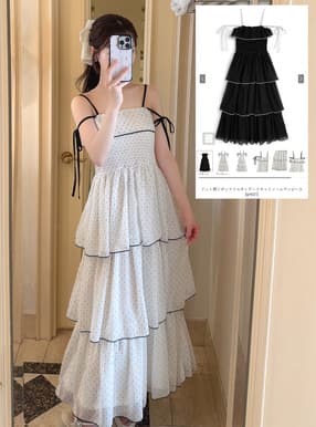 ドット柄リボンフリルティアードキャミソールワンピース