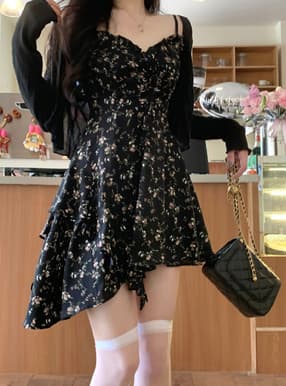 レースアップ花柄アシメキャミミニワンピース