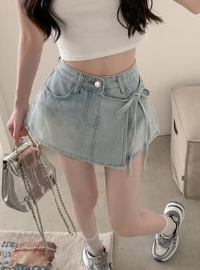 サイドリボンラップ風デニムショートパンツ