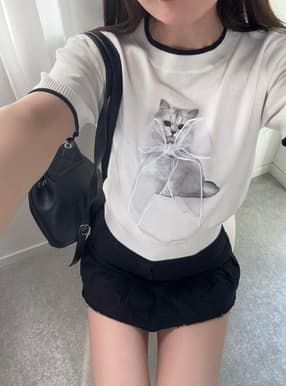 キャットプリントオーガンジーリボン配色ニットトップス
