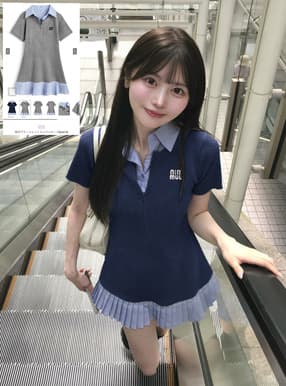 襟付プリーツニットミニワンピース