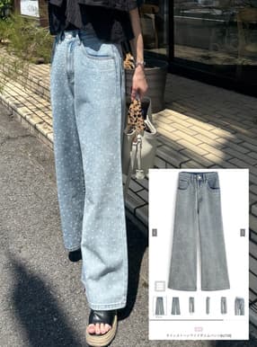 ラインストーンワイドデニムパンツ