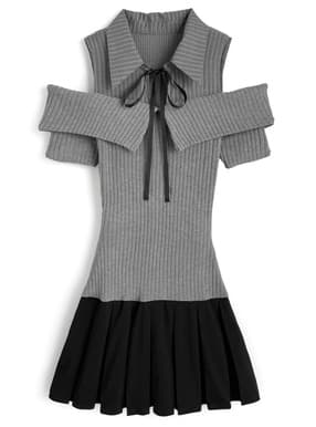 ストライプ柄シャツドッキングニットプリーツワンピース