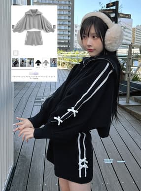 リボンラインジップブルゾン×ショートパンツニットセットアップ