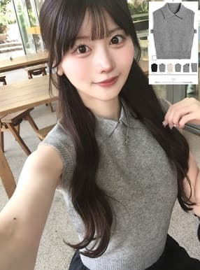 襟付きノースリーブリブニットトップス