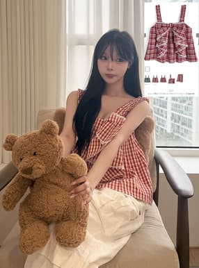 チェック柄ビッグリボンレースキャミソールトップス