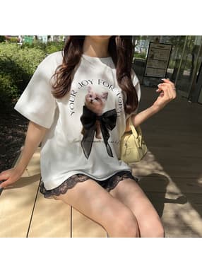 キャットプリントリボンロゴTシャツ