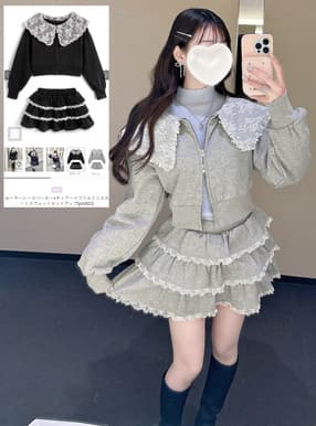 セーラーレースパーカー×ティアードフリルミニスカートスウェットセットアップ