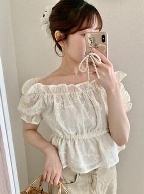 2way花柄刺繍シアーオフショルブラウス