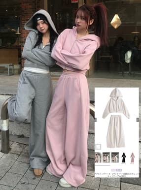 ダブルジップパーカー×ワイドパンツ裏起毛スウェットセットアップ