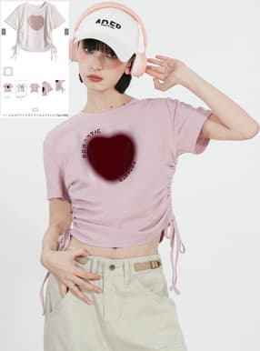 ハートロゴプリントサイドドロストTシャツ