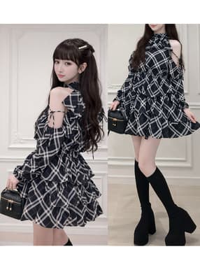 チェック柄ショルダーオープンアメスリティアードミニワンピース