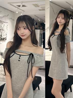フード付きオフショルダーフロントオープンリボンスウェットミニワンピース