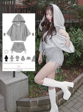 ダブルジップパーカー×ドロストショートパンツセットアップ
