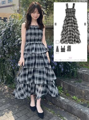 チェック柄シャーリングキャミソールワンピース