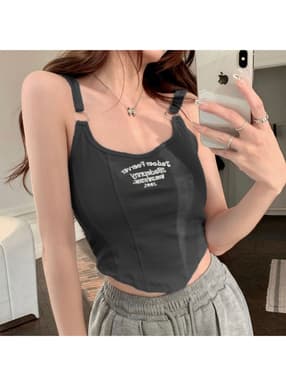 カップ付クロップド丈ロゴ刺繍タンクトップ